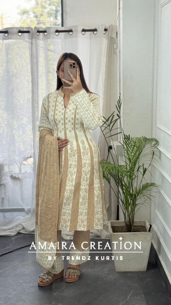 Premium Woolen Thread Embroidered White Anarkali Set