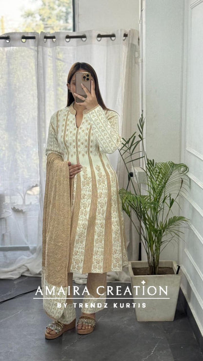 Premium Woolen Thread Embroidered White Anarkali Set