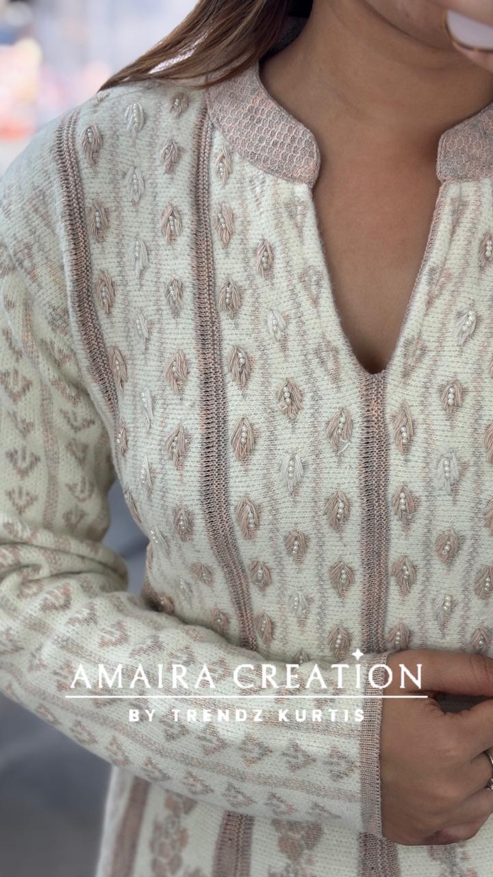 Premium Woolen Thread Embroidered White Anarkali Set