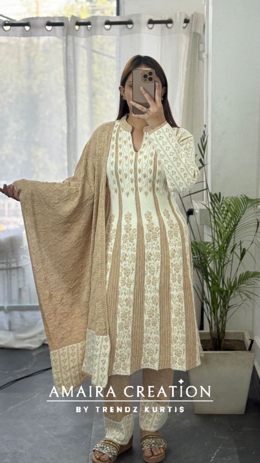 Premium Woolen Thread Embroidered White Anarkali Set