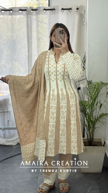 Premium Woolen Thread Embroidered White Anarkali Set