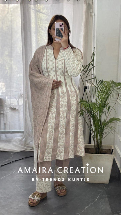 Premium Woolen Thread Embroidered White Anarkali Set