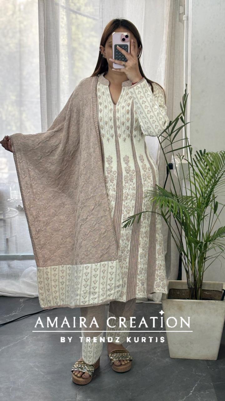 Premium Woolen Thread Embroidered White Anarkali Set