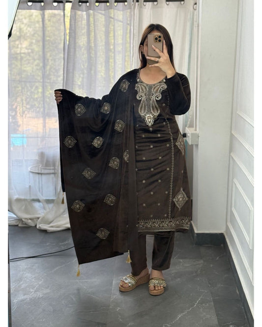 Premium Velevt Brown Colour Embroidered Suit Set
