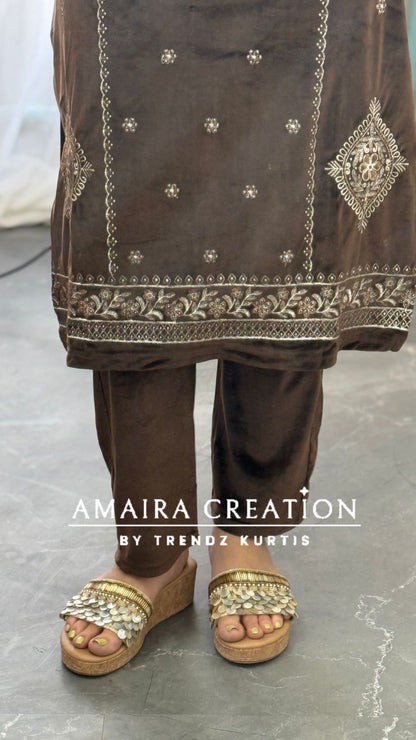Premium Velevt Brown Colour Embroidered Suit Set