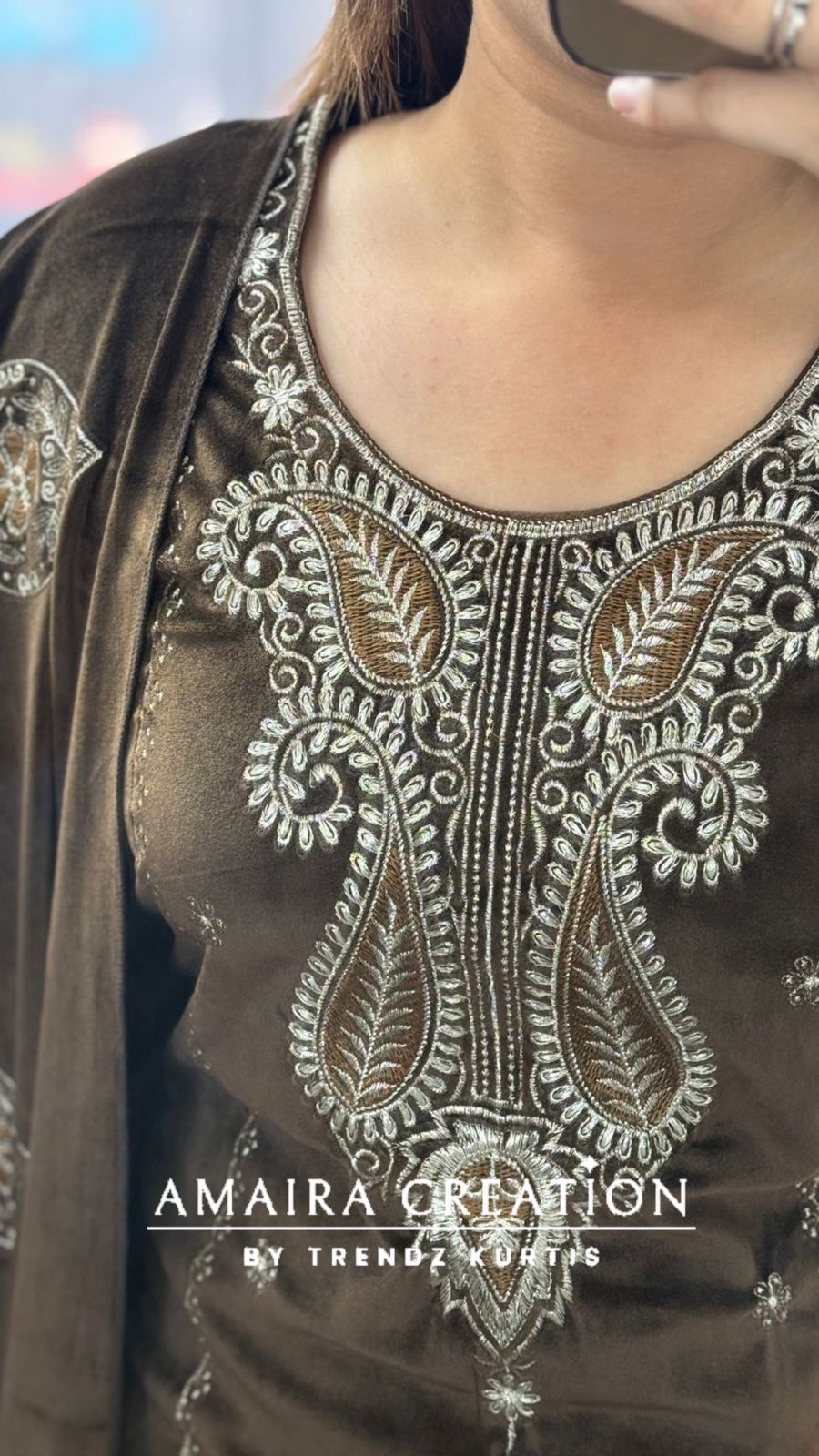 Premium Velevt Brown Colour Embroidered Suit Set