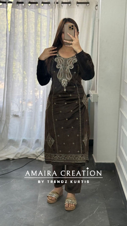 Premium Velevt Brown Colour Embroidered Suit Set