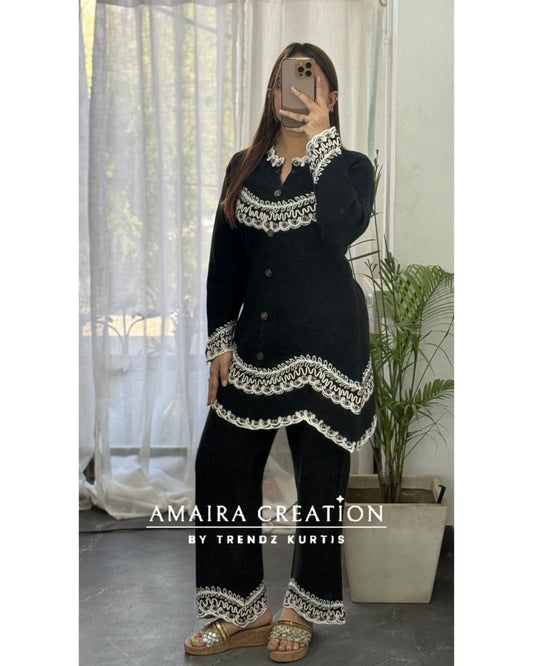 Premium Woolen Black Thread Embroidered Stylish Cut Cord Set