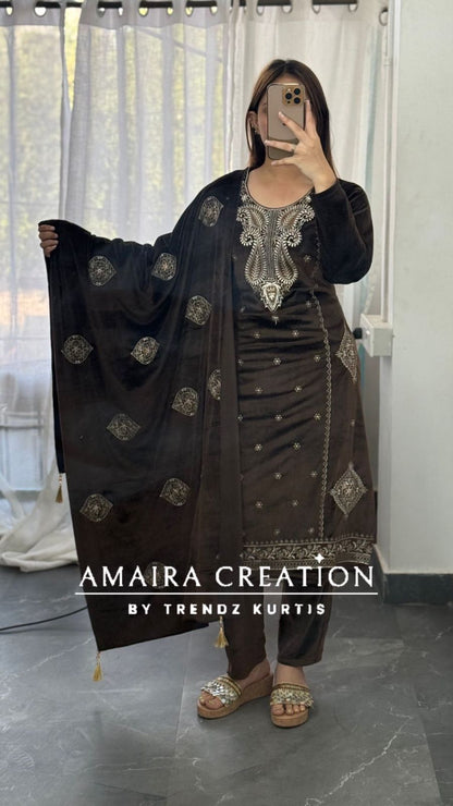 Premium Velevt Brown Colour Embroidered Suit Set