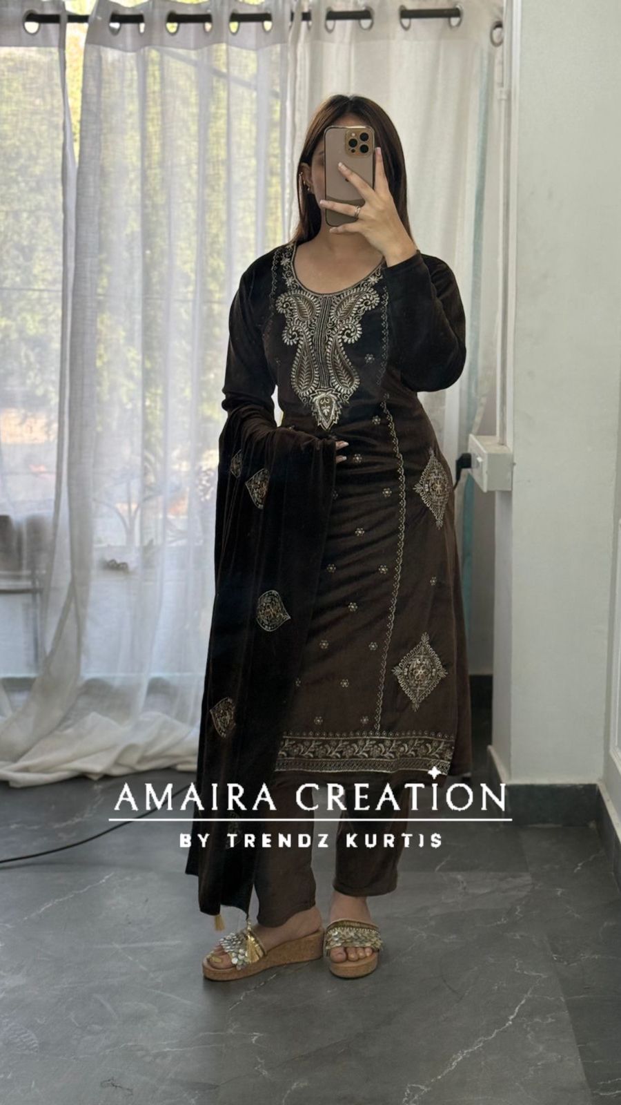 Premium Velevt Brown Colour Embroidered Suit Set