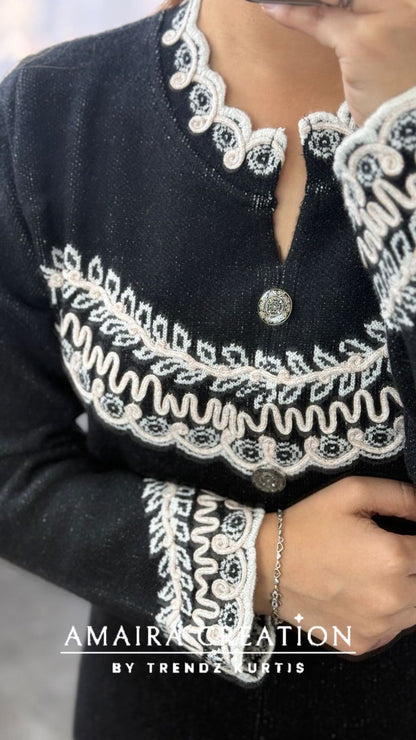 Premium Woolen Black Thread Embroidered Stylish Cut Cord Set
