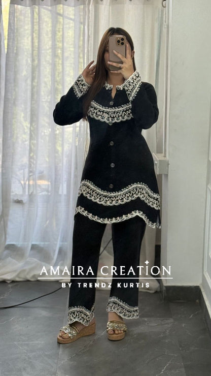 Premium Woolen Black Thread Embroidered Stylish Cut Cord Set
