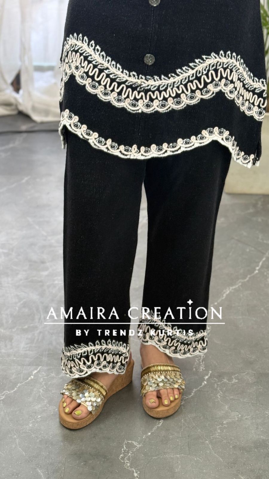 Premium Woolen Black Thread Embroidered Stylish Cut Cord Set