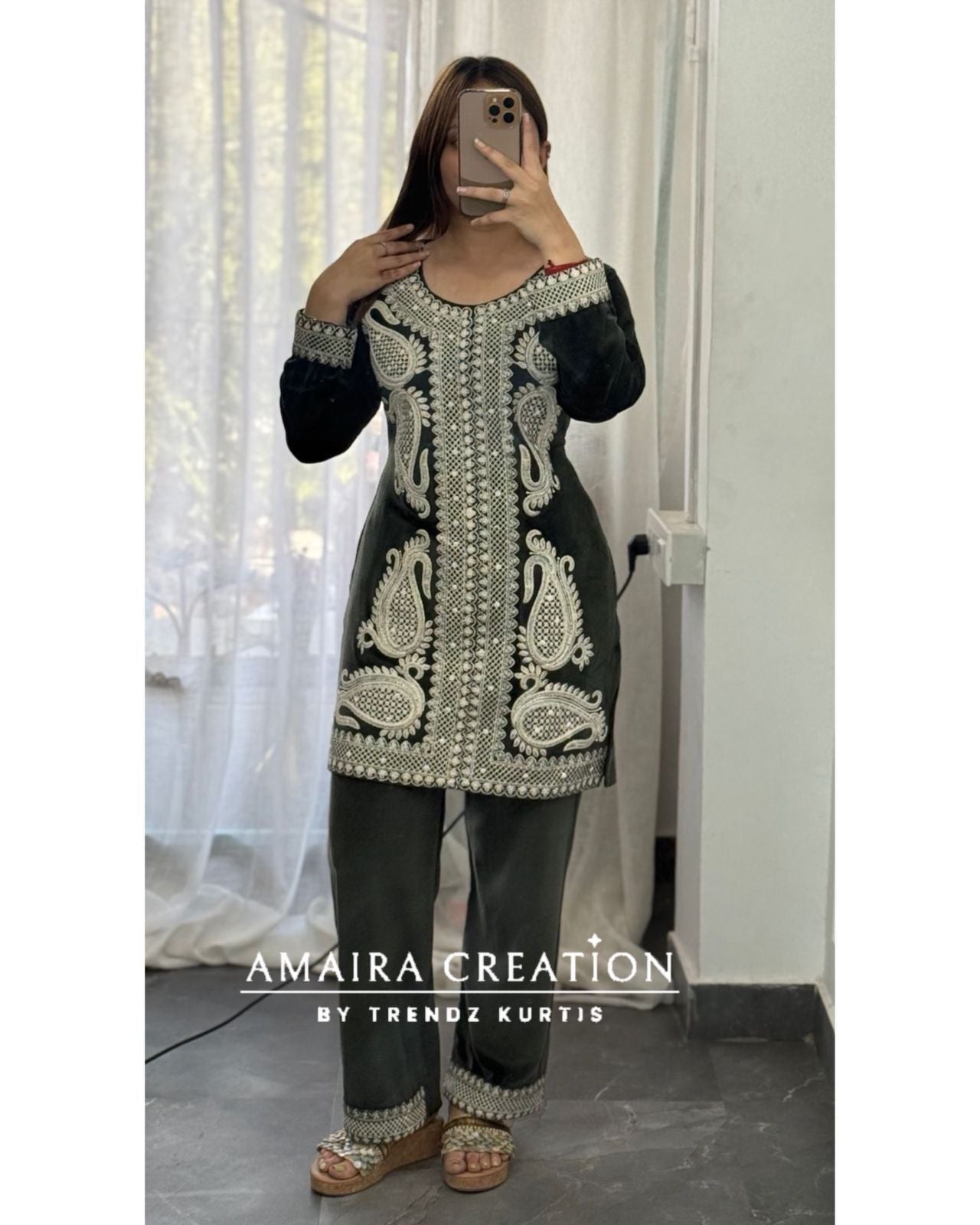 Premium Cauterised Woolen Olive Green Embroidery Cord set