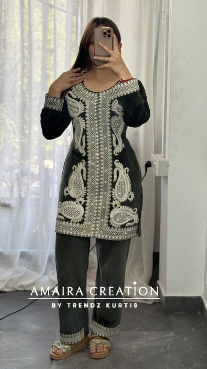 Premium Cauterised Woolen Olive Green Embroidery Cord set