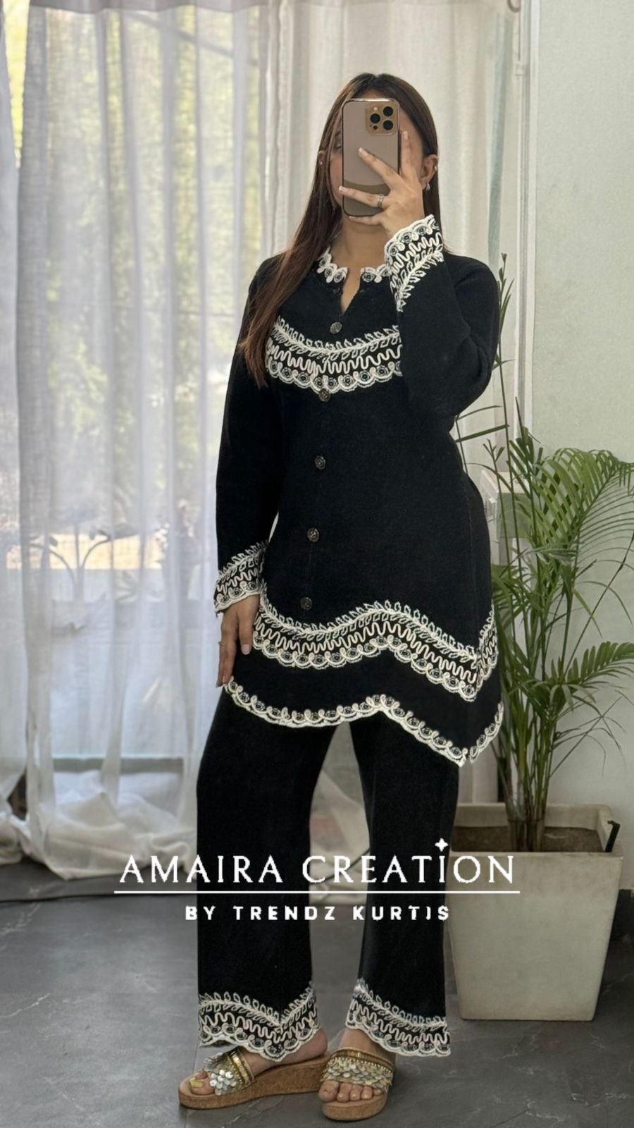 Premium Woolen Black Thread Embroidered Stylish Cut Cord Set