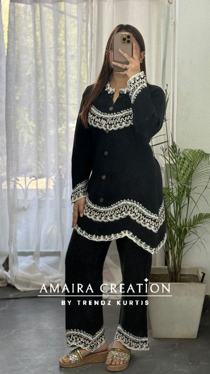 Premium Woolen Black Thread Embroidered Stylish Cut Cord Set