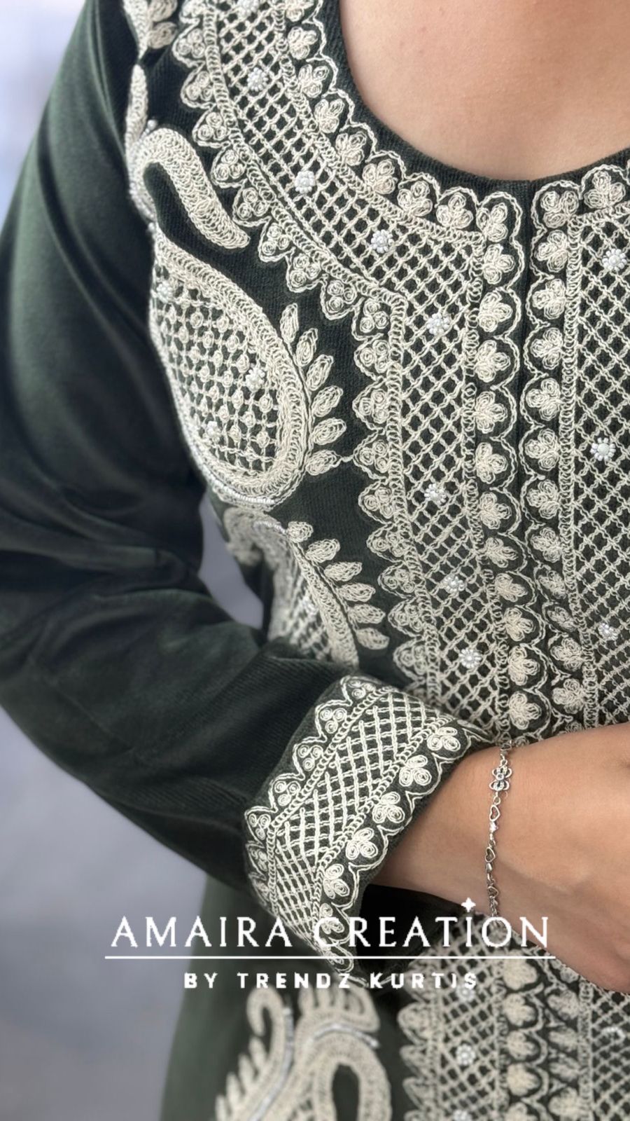 Premium Cauterised Woolen Olive Green Embroidery Cord set