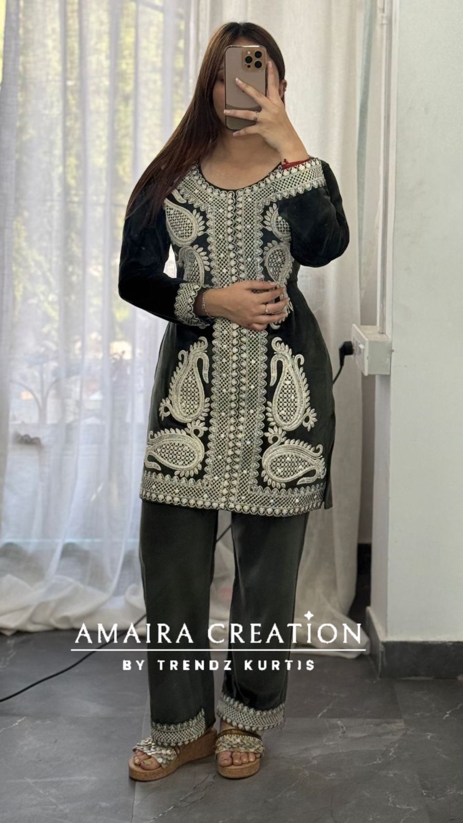 Premium Cauterised Woolen Olive Green Embroidery Cord set