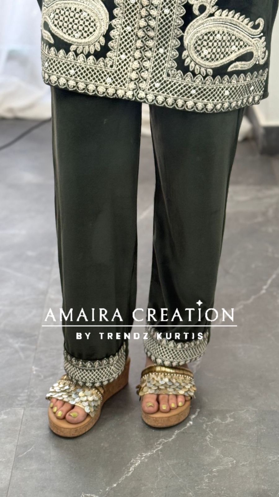 Premium Cauterised Woolen Olive Green Embroidery Cord set