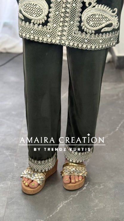 Premium Cauterised Woolen Olive Green Embroidery Cord set