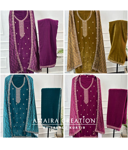 Premium Velvet Very Soft Fabric Zari Work Unstitched Suit With Printed Velvet Dupatta