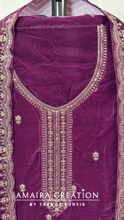 Premium Velvet Very Soft Fabric Zari Work Unstitched Suit With Printed Velvet Dupatta