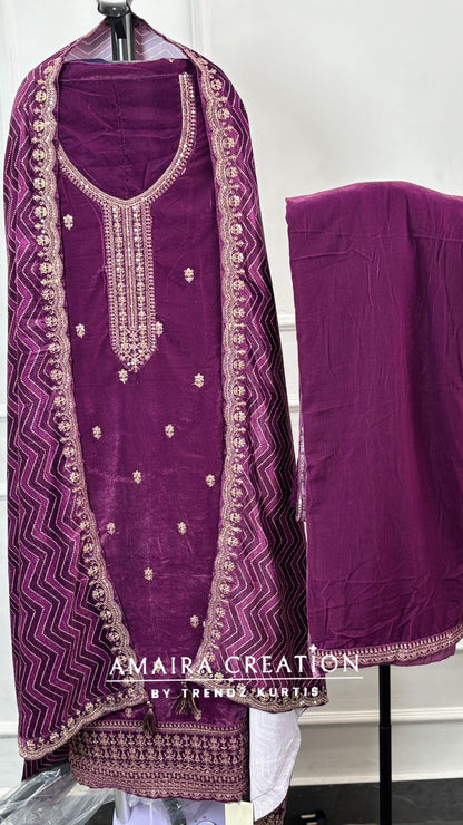 Premium Velvet Very Soft Fabric Zari Work Unstitched Suit With Printed Velvet Dupatta