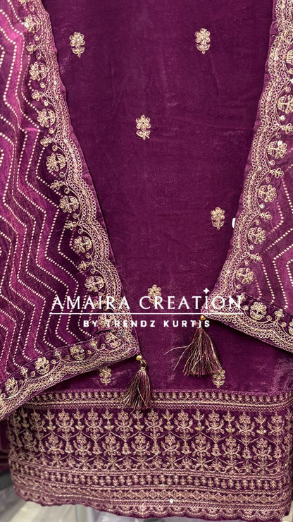 Premium Velvet Very Soft Fabric Zari Work Unstitched Suit With Printed Velvet Dupatta