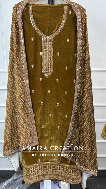 Premium Velvet Very Soft Fabric Zari Work Unstitched Suit With Printed Velvet Dupatta