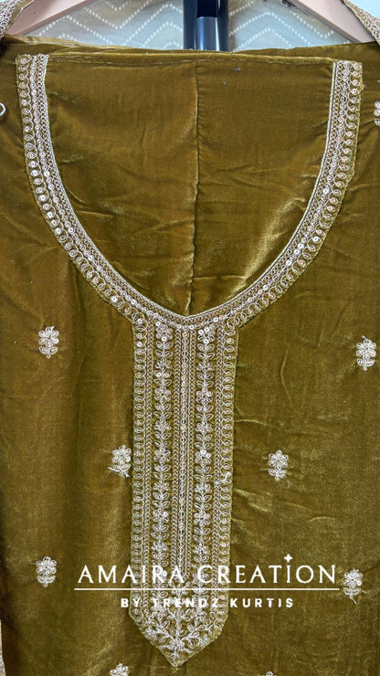Premium Velvet Very Soft Fabric Zari Work Unstitched Suit With Printed Velvet Dupatta