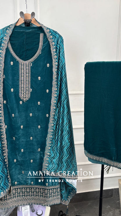 Premium Velvet Very Soft Fabric Zari Work Unstitched Suit With Printed Velvet Dupatta