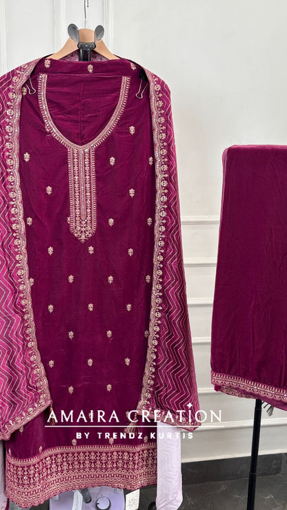 Premium Velvet Very Soft Fabric Zari Work Unstitched Suit With Printed Velvet Dupatta