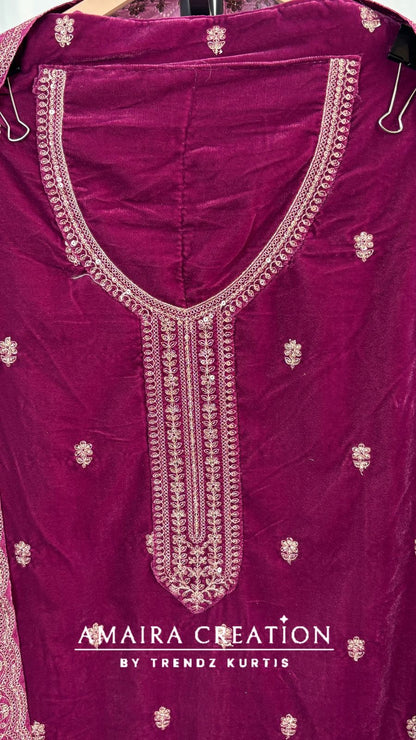 Premium Velvet Very Soft Fabric Zari Work Unstitched Suit With Printed Velvet Dupatta