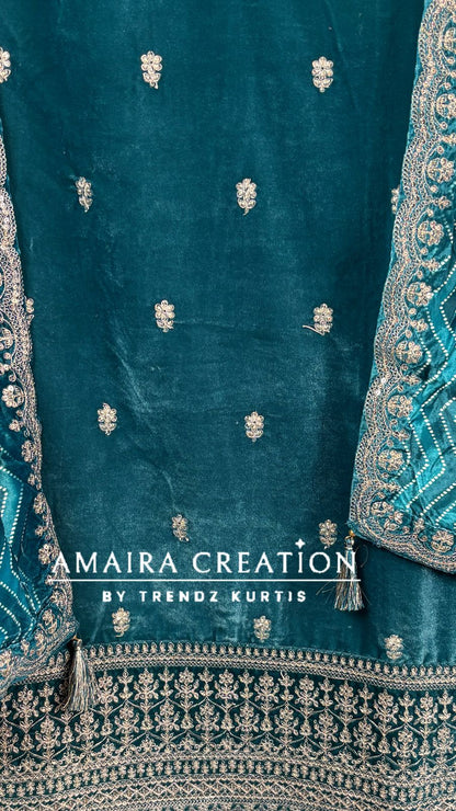 Premium Velvet Very Soft Fabric Zari Work Unstitched Suit With Printed Velvet Dupatta