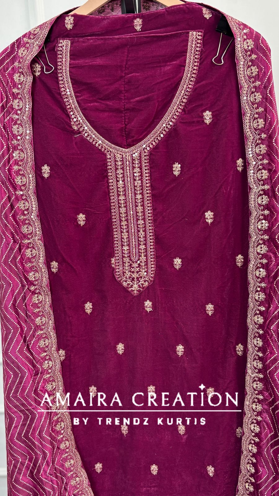 Premium Velvet Very Soft Fabric Zari Work Unstitched Suit With Printed Velvet Dupatta