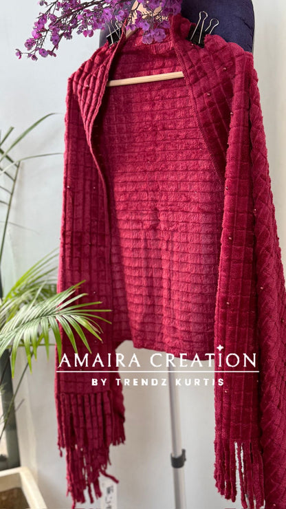 Premium Feather Pearl Deatiling Woolen Stole