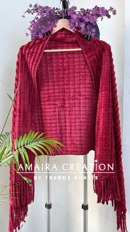 Premium Feather Pearl Deatiling Woolen Stole