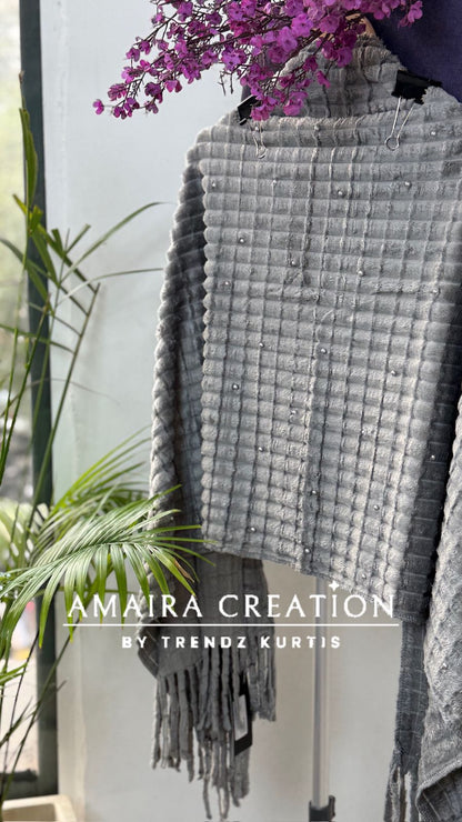 Premium Feather Pearl Deatiling Woolen Stole