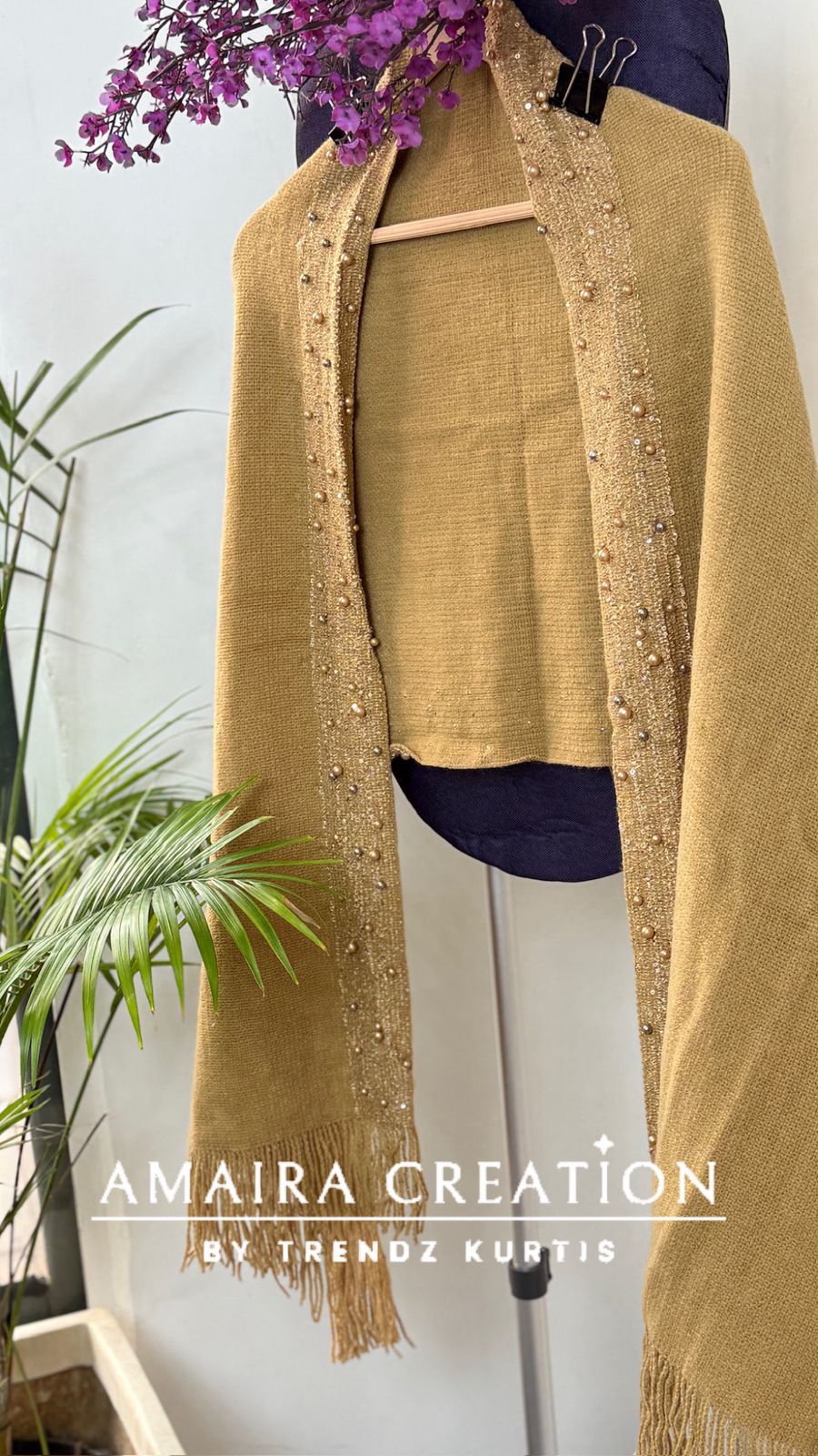 Premium Woolen Pearl Deatiling Stole