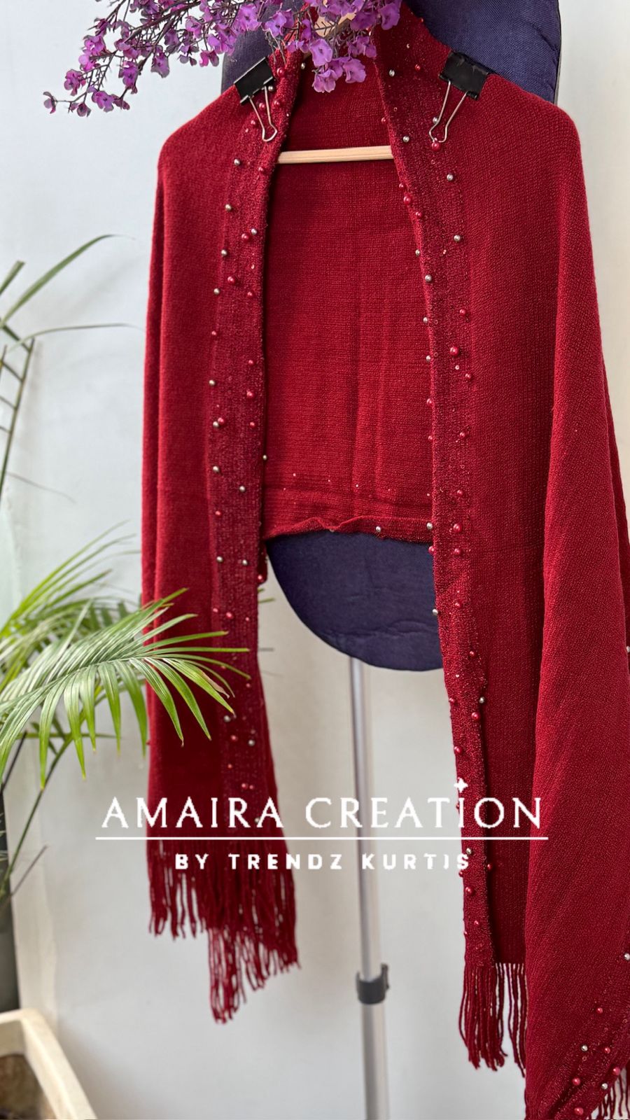 Premium Woolen Pearl Deatiling Stole