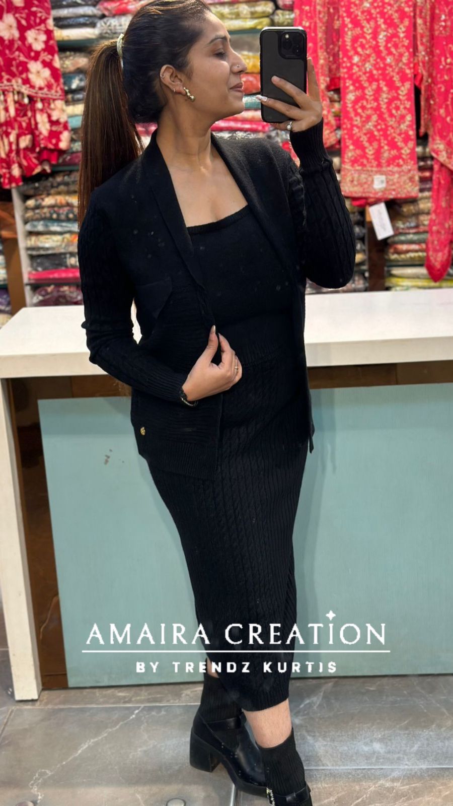 Premium Woolen Three Pc Skirt Set Free Size (Upto 42 chest)