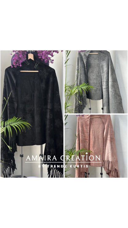 Premium Woolen Self Design Stole With Pearl Detailing