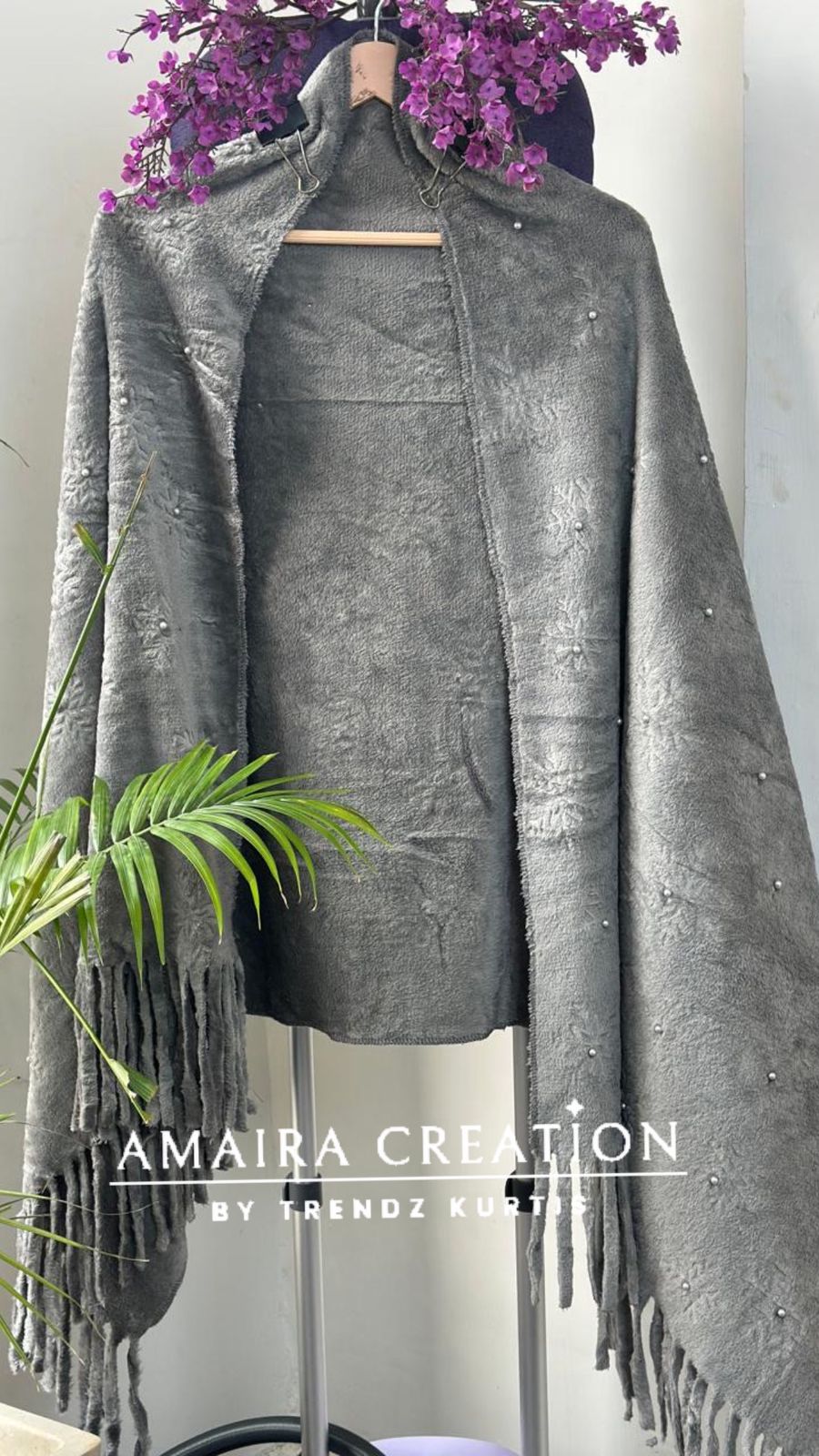 Premium Woolen Self Design Stole With Pearl Detailing