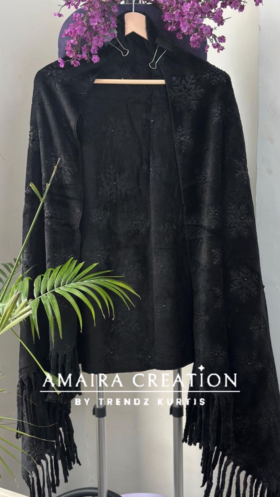 Premium Woolen Self Design Stole With Pearl Detailing