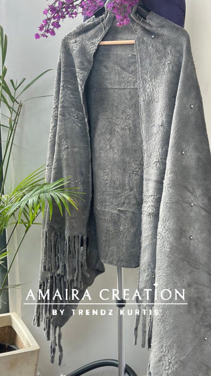 Premium Woolen Self Design Stole With Pearl Detailing
