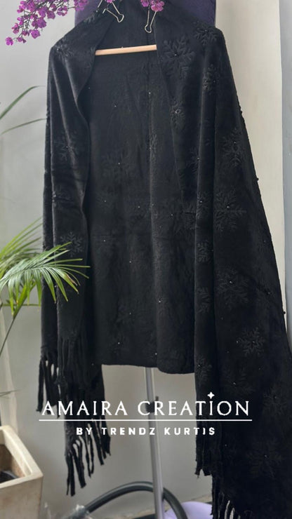 Premium Woolen Self Design Stole With Pearl Detailing