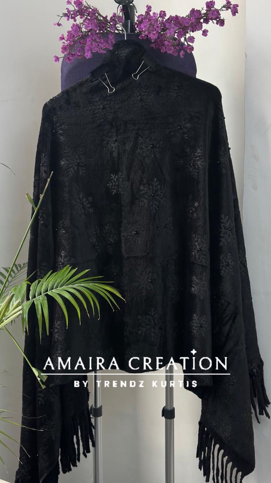 Premium Woolen Self Design Stole With Pearl Detailing