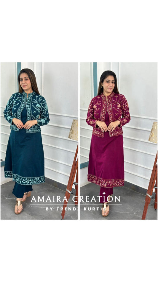 Premium Woolen Kashmiri Embroidered Three Pc Jacket Set