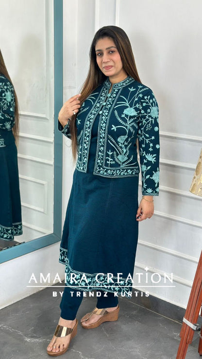 Premium Woolen Kashmiri Embroidered Three Pc Jacket Set